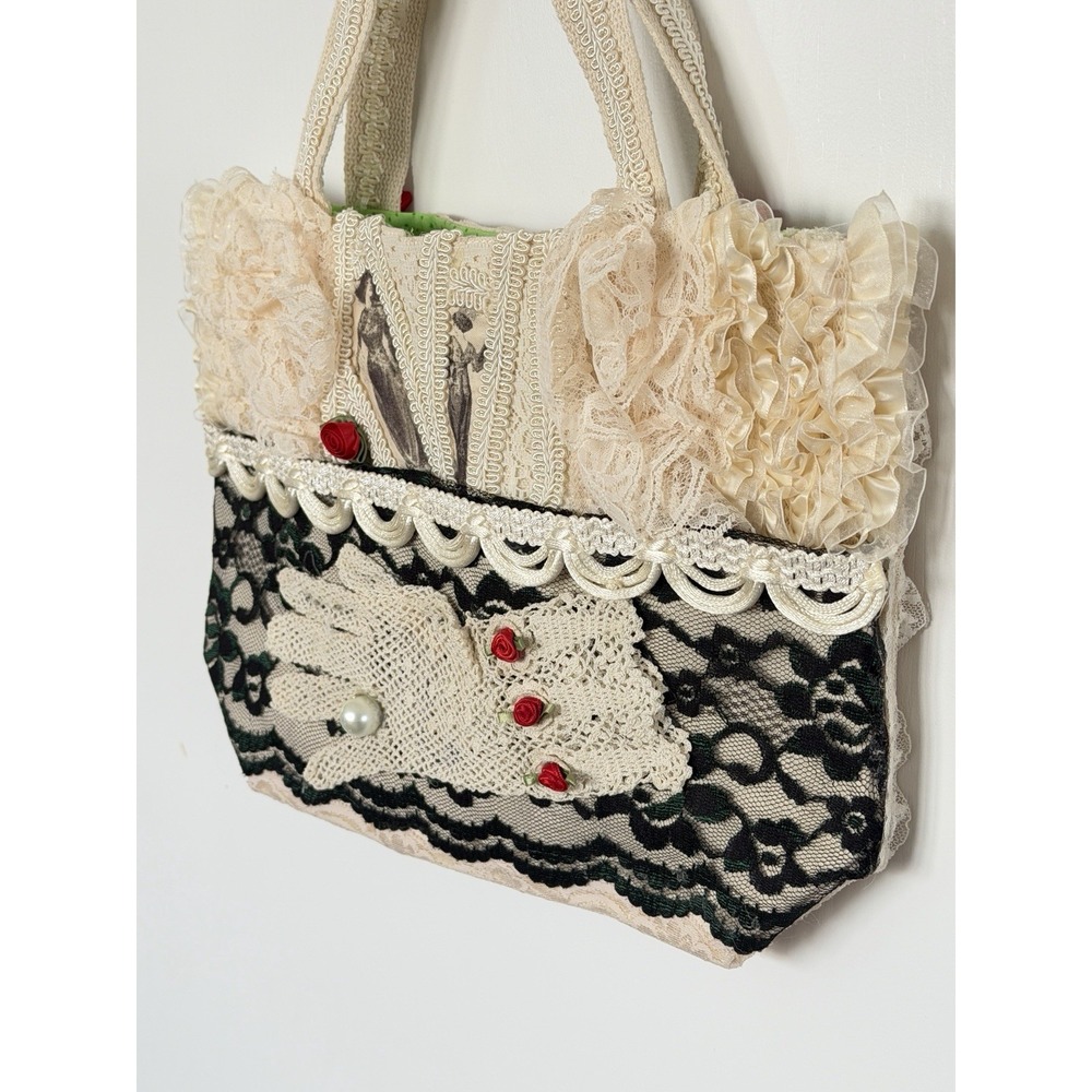 Vintage Y2K Victorian Lace Tote Purse Crochet Glove Roses Cottagecore Boutique - Picture 3 of 14